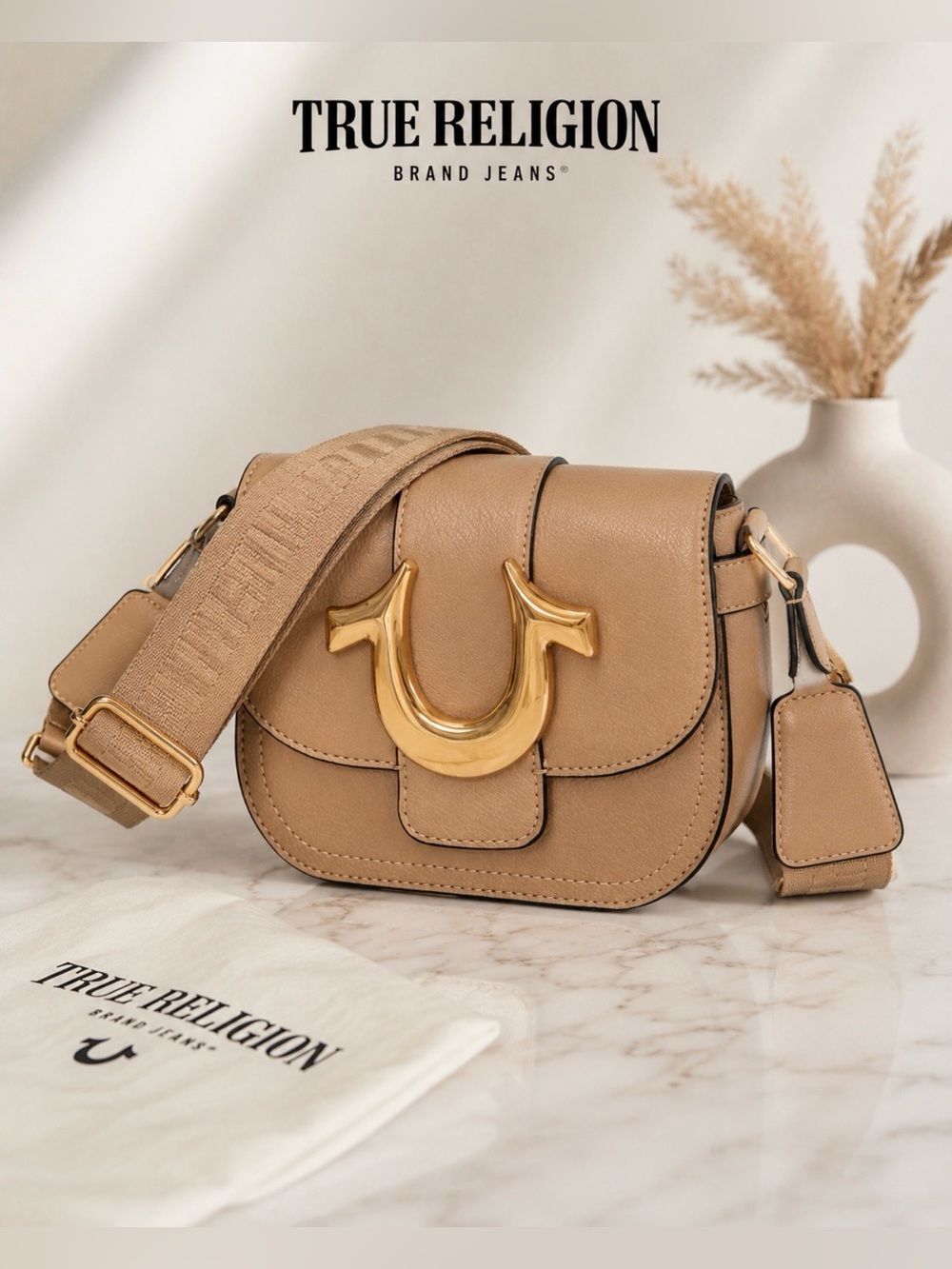 True Religion Horseshoe Mini Crossbody Bag Beige Gold Logo Adjustable Strap